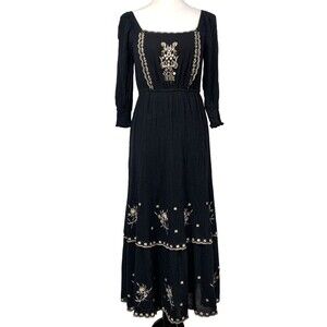 Indulge InStyle Vtg Y2K Milkmaid Maxi Dress S Black Embroidered Peasant